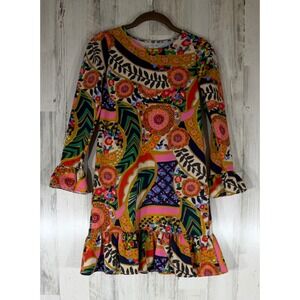 Lands End Girls Dress 10 Multicolor Psychedelic Floral Ruffle Mod Boho READ